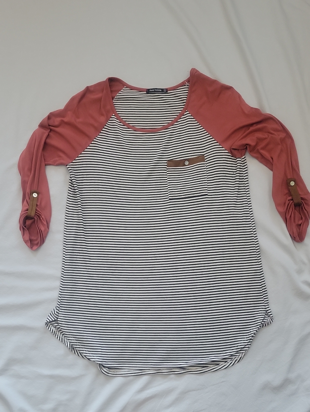 Pink Clover Striped Raglan Top with Dusty Rust Sleeves With Suede Detail